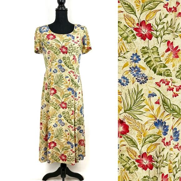Vintage Maggy London 100% Silk Dress Floral Midi Scoop Round Neck Short Sleeve - Picture 1 of 9